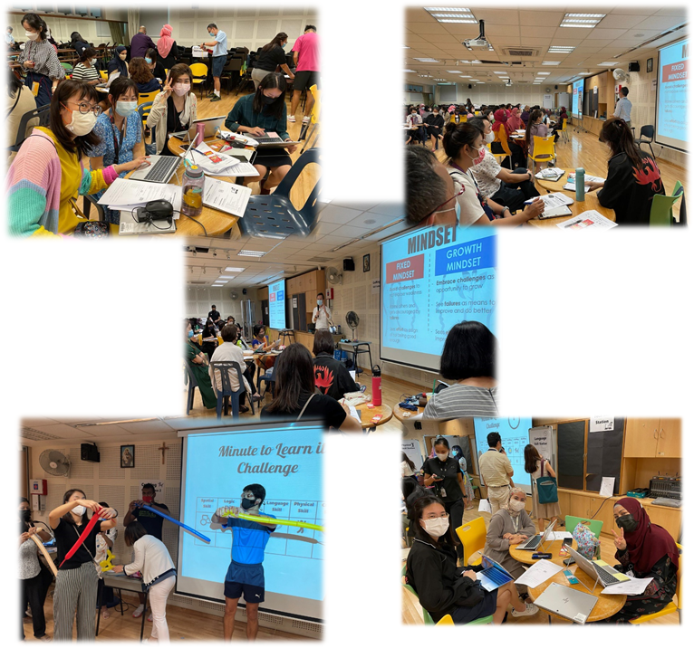 Five photos of masked students and teachers in classrooms doing group activities with laptops and mindset presentations on screens.